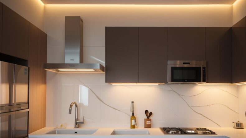 Плитка с интегрированной подсветкой для создания эффекта парящих стен на кухне. 2 Плитка с интегрированной подсветкой для создания эффекта парящих стен на кухне.