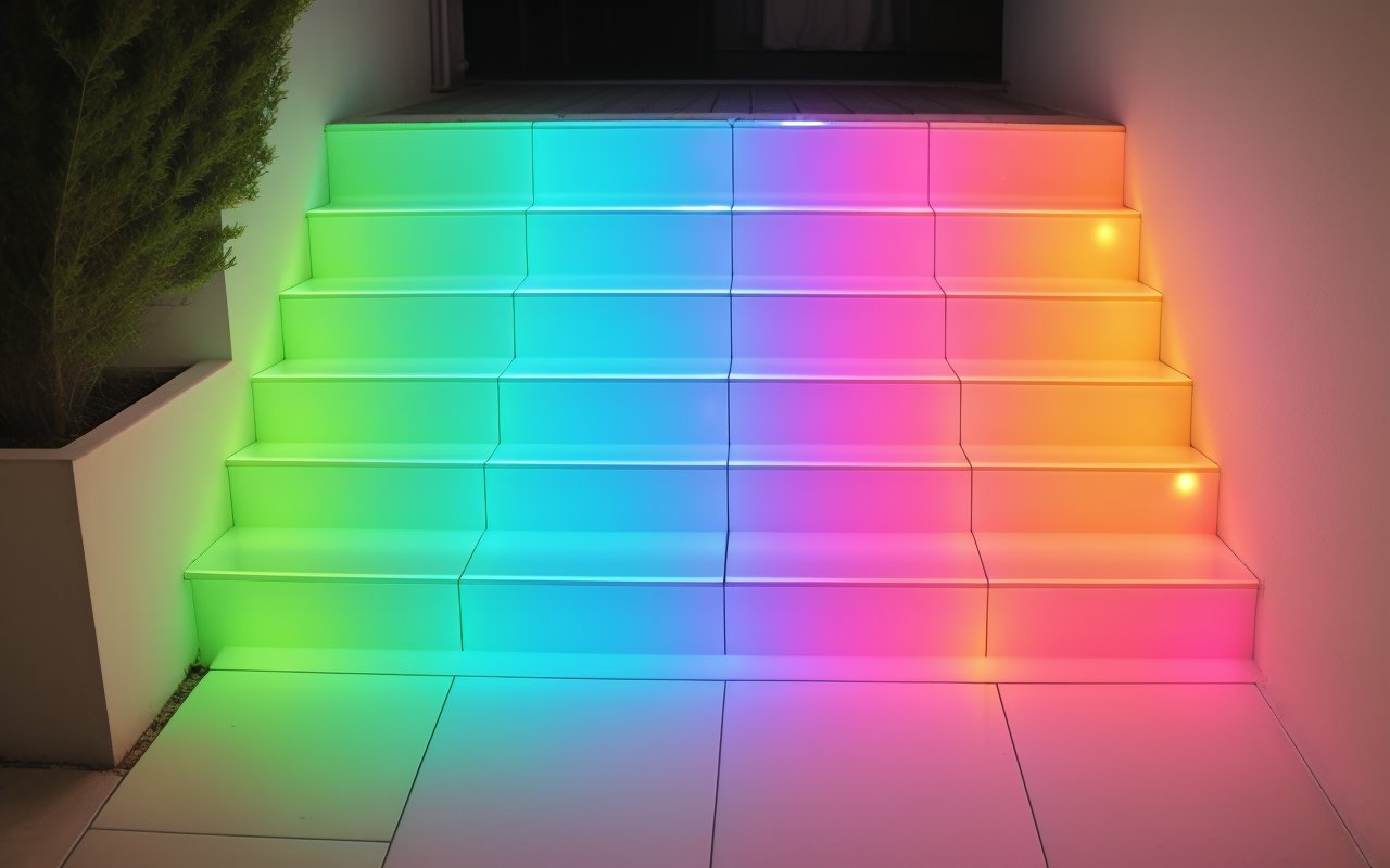 Интеграция светящихся элементов в пластиковую плитку для ступеней с изменением цвета ночью