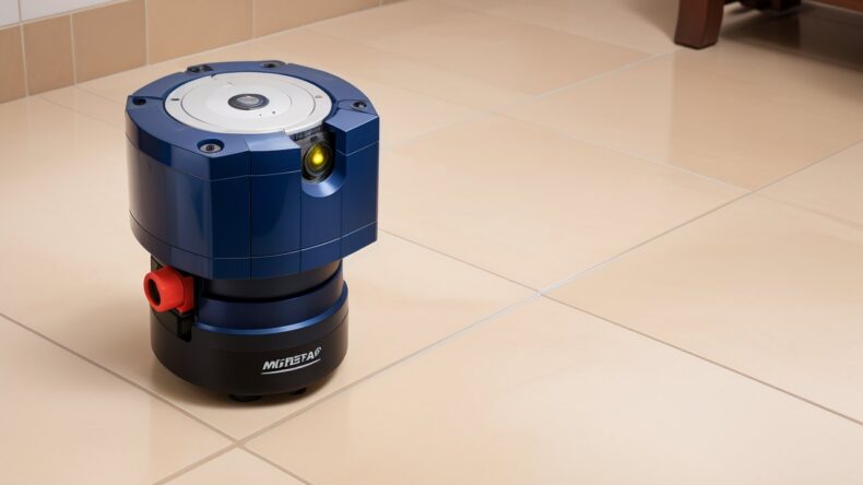 Роботизированный лазерный уровень для бесшовного монтажа плитки с AI-коррекцией неровностей.