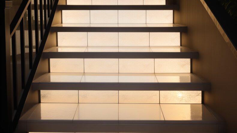 Ступени с подсветкой из прозрачной плитки с люминофорными вставками для мягкого свечения ночью